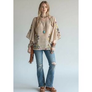 Judith March Shirt Women Large Beige Lace‎ Embroidered Bell Sleeve Tunic Boho